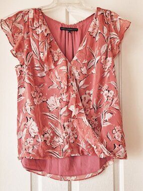 White House Black Market Coral Pink Dressy Blouse with Floral Pattern Size 14